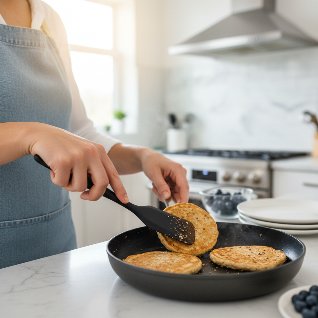 Avižinių blynelių kepimas namų virtuvėje